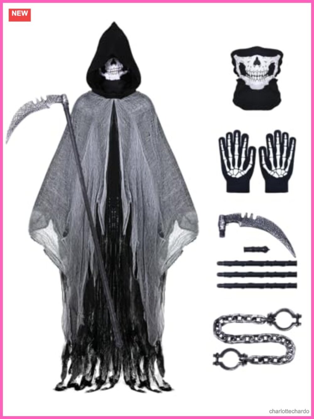 Grim Reaper Costume Hooded Cloak Skull Mask Scythe Adult Halloween Cosplay